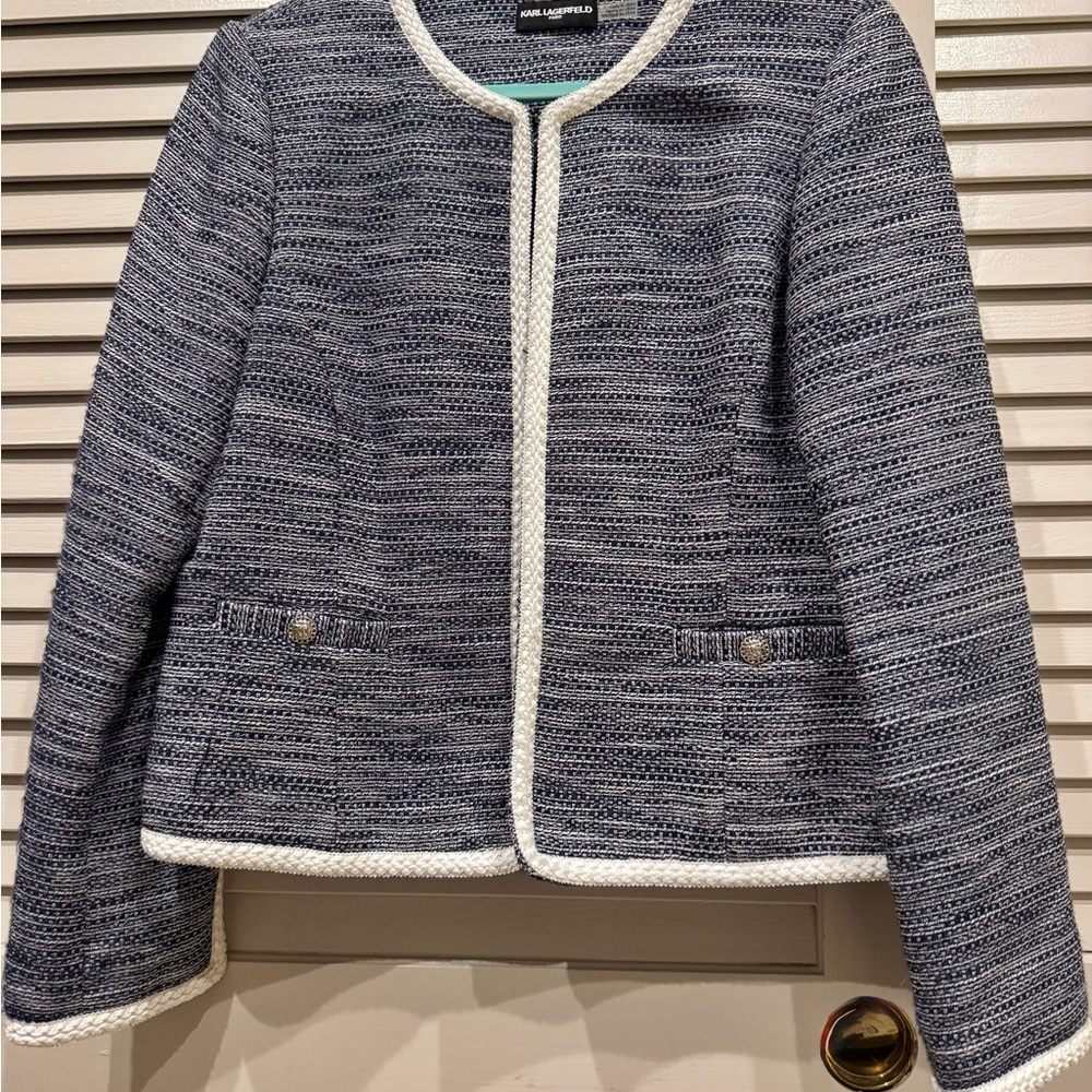 Karl Lagerfeld Women's Navy and White Tweed Blazer